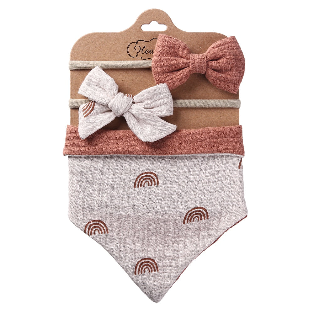 3Pcs/Set Muslin Cotton Triangle Bib & Bow Headband