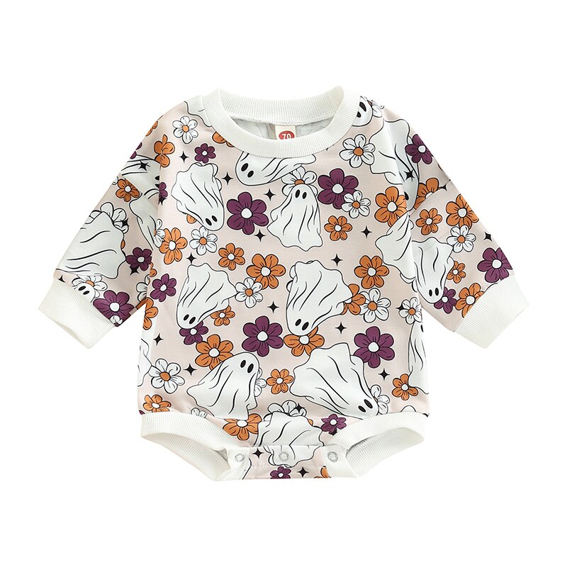 Flowers/Pumpkin/Ghost Printed Sweatshirt Romper