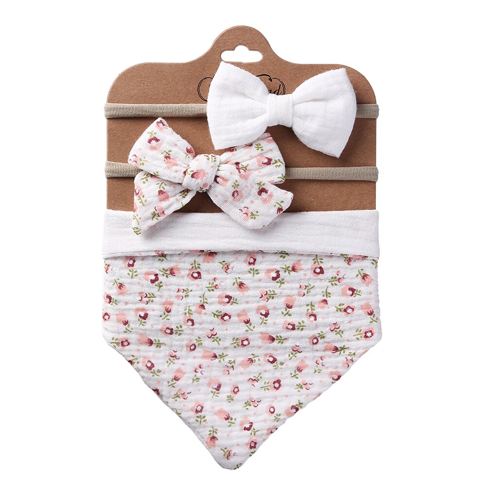 3Pcs/Set Muslin Cotton Triangle Bib & Bow Headband