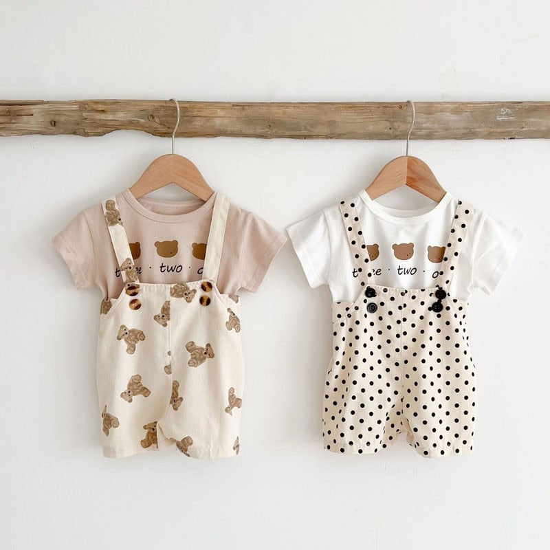 Bear/Dot Print Short Sleeve Overall & T-Shirt Set