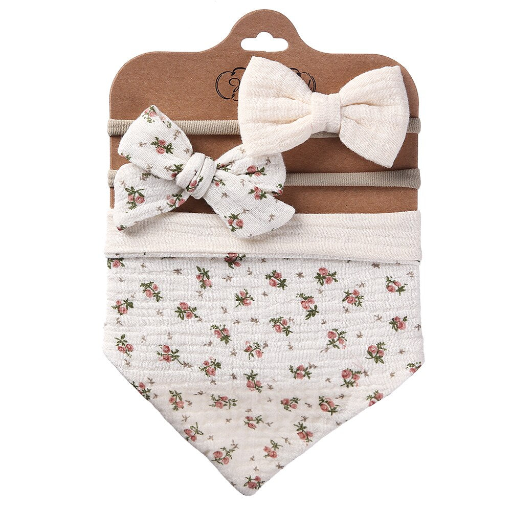 3Pcs/Set Muslin Cotton Triangle Bib & Bow Headband