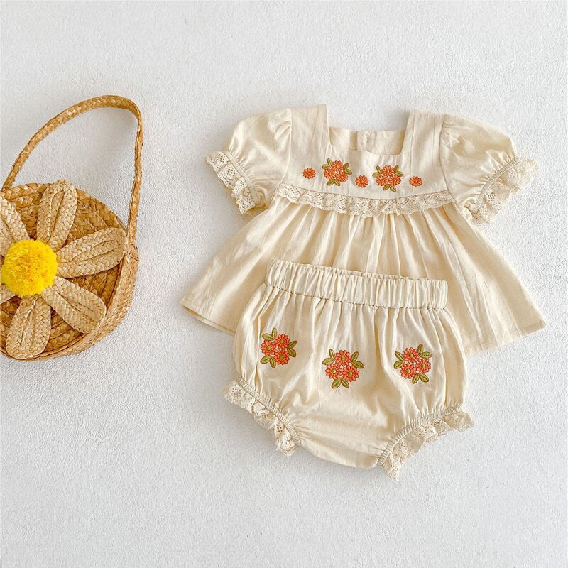 Vintage Embroidery Floral Dress And Shorts