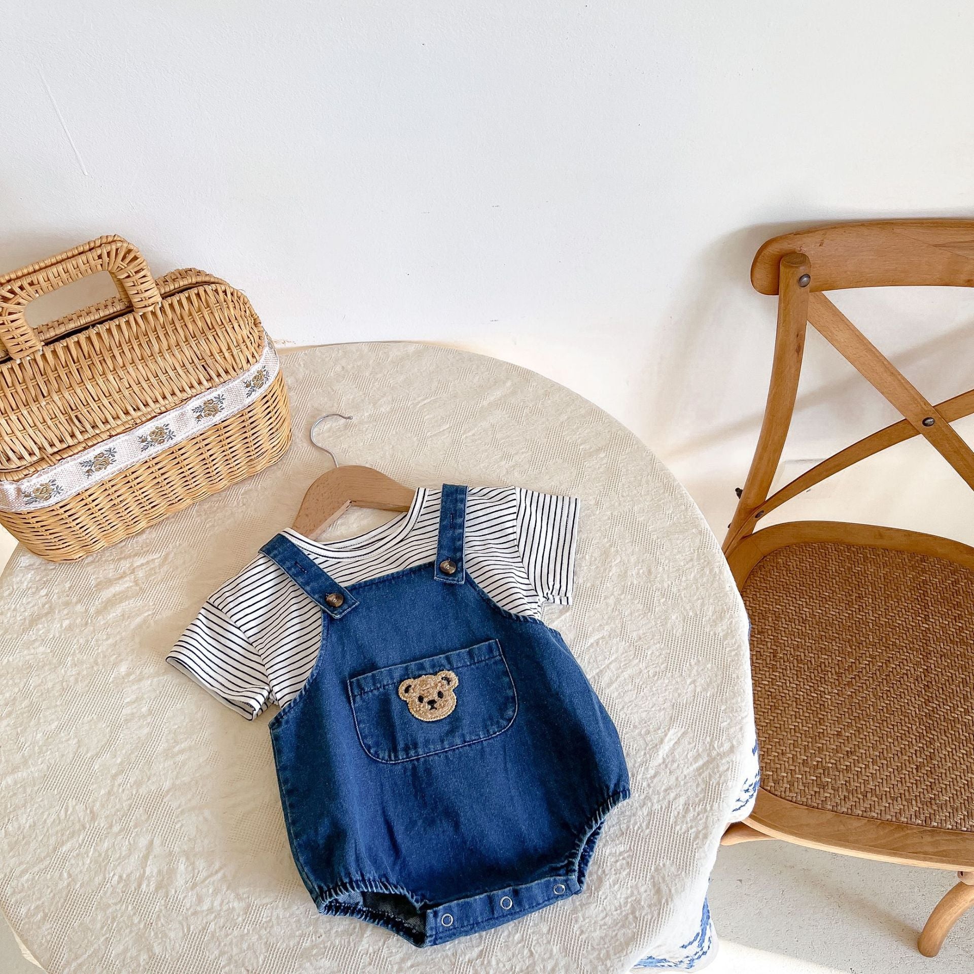 Denim Bear Romper & Striped T-Shirt Set