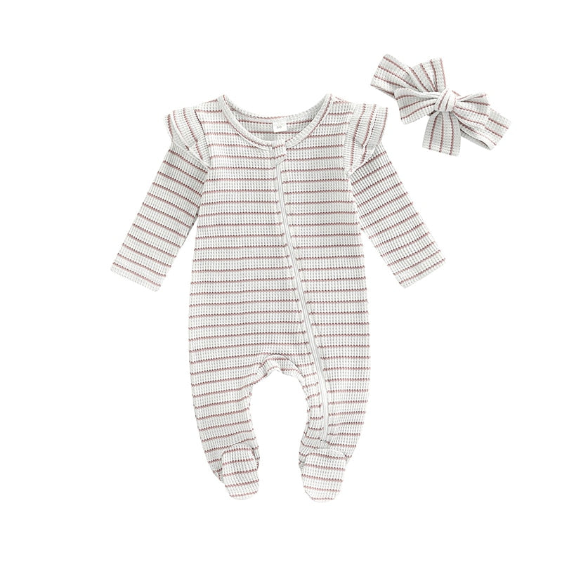 Striped Knitted Zipper Jumpsuit With Headband