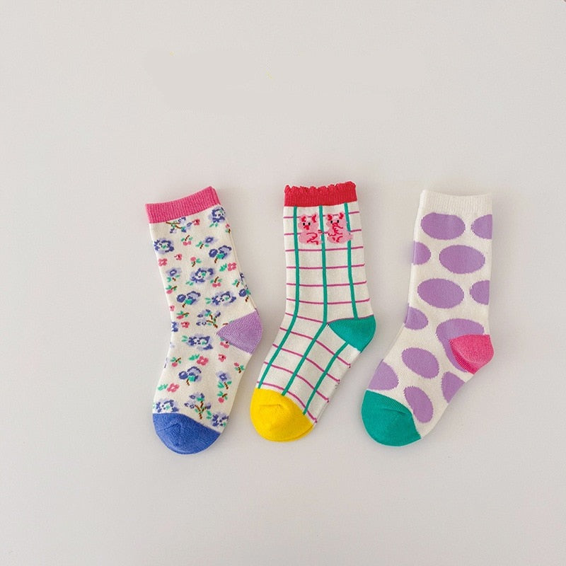 3 Pairs Wave Dot Lattice Colorful Socks
