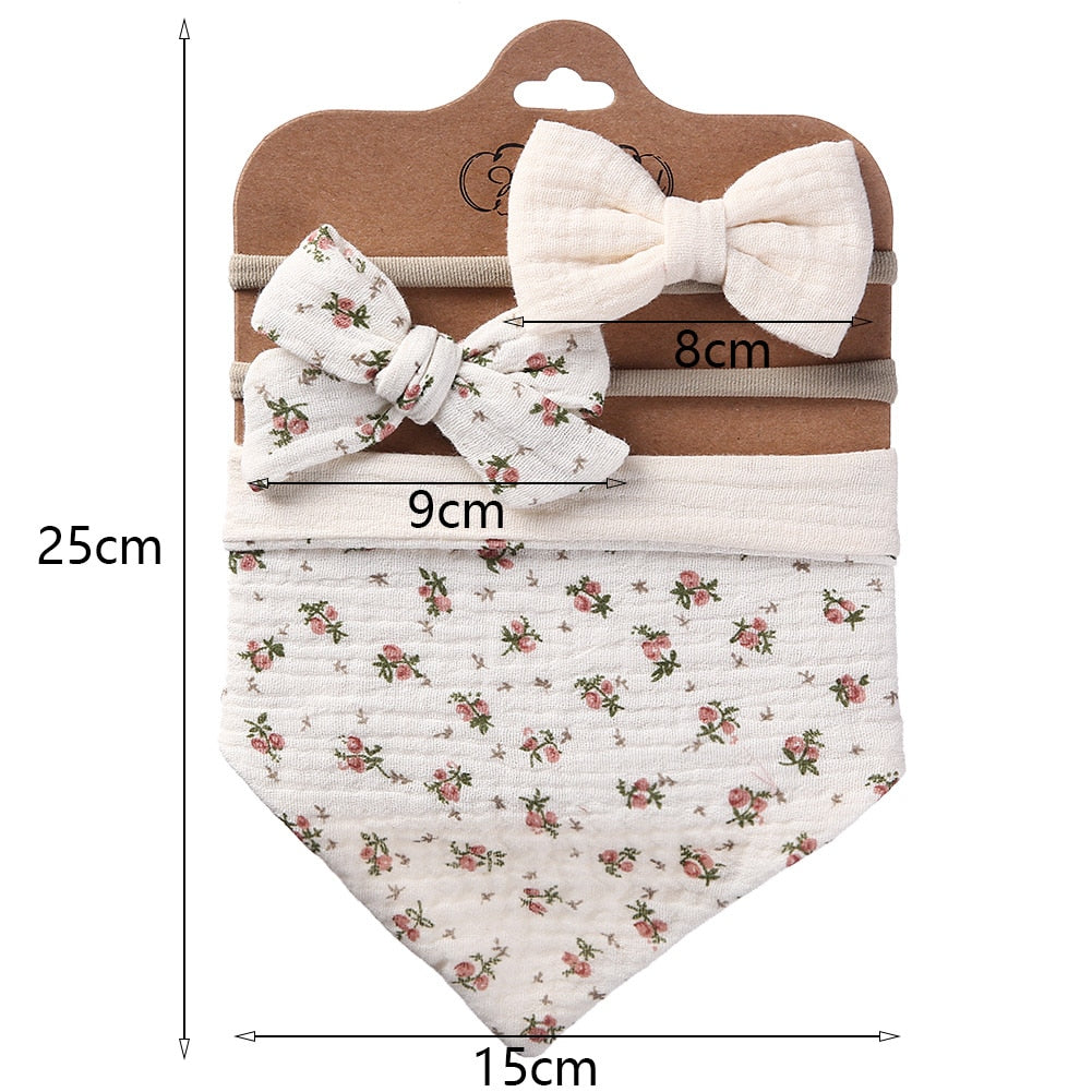 3Pcs/Set Muslin Cotton Triangle Bib & Bow Headband