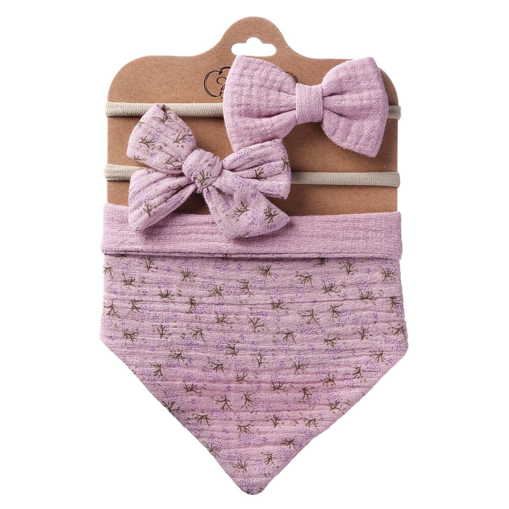 3Pcs/Set Muslin Cotton Triangle Bib & Bow Headband