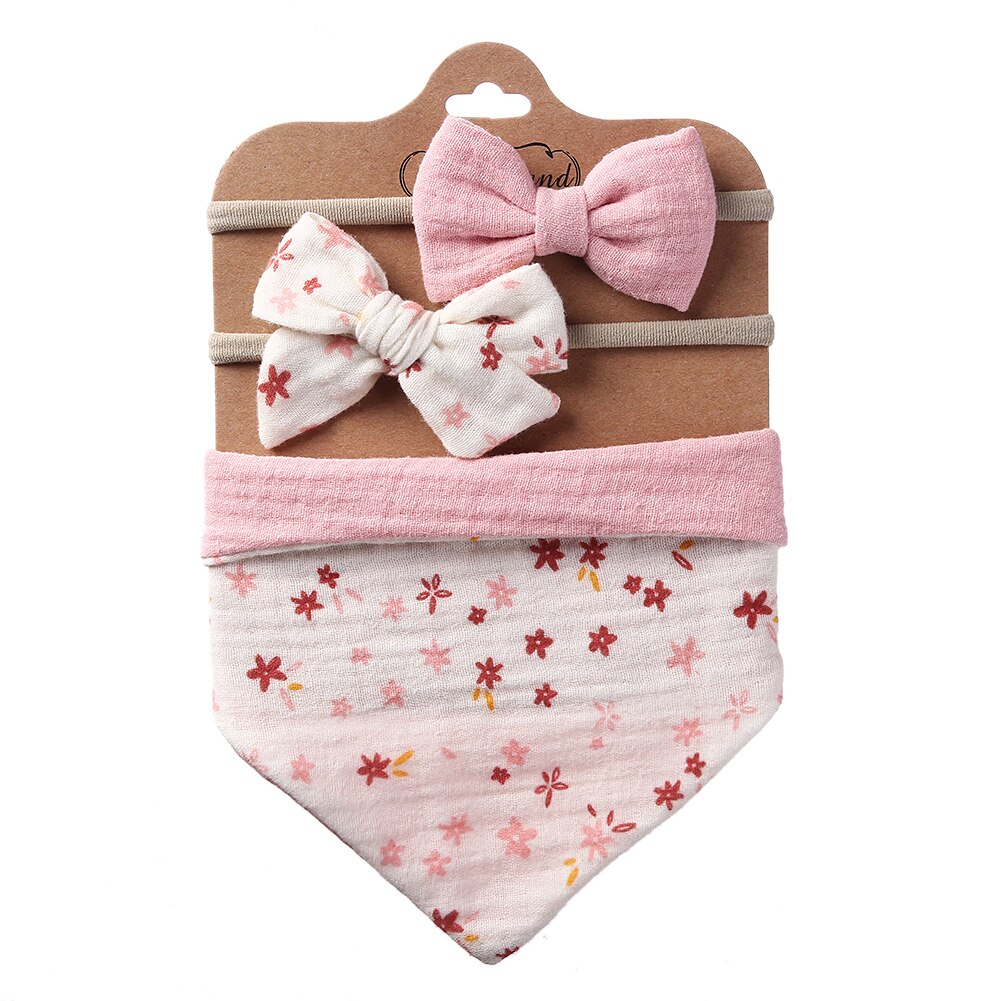 3Pcs/Set Muslin Cotton Triangle Bib & Bow Headband