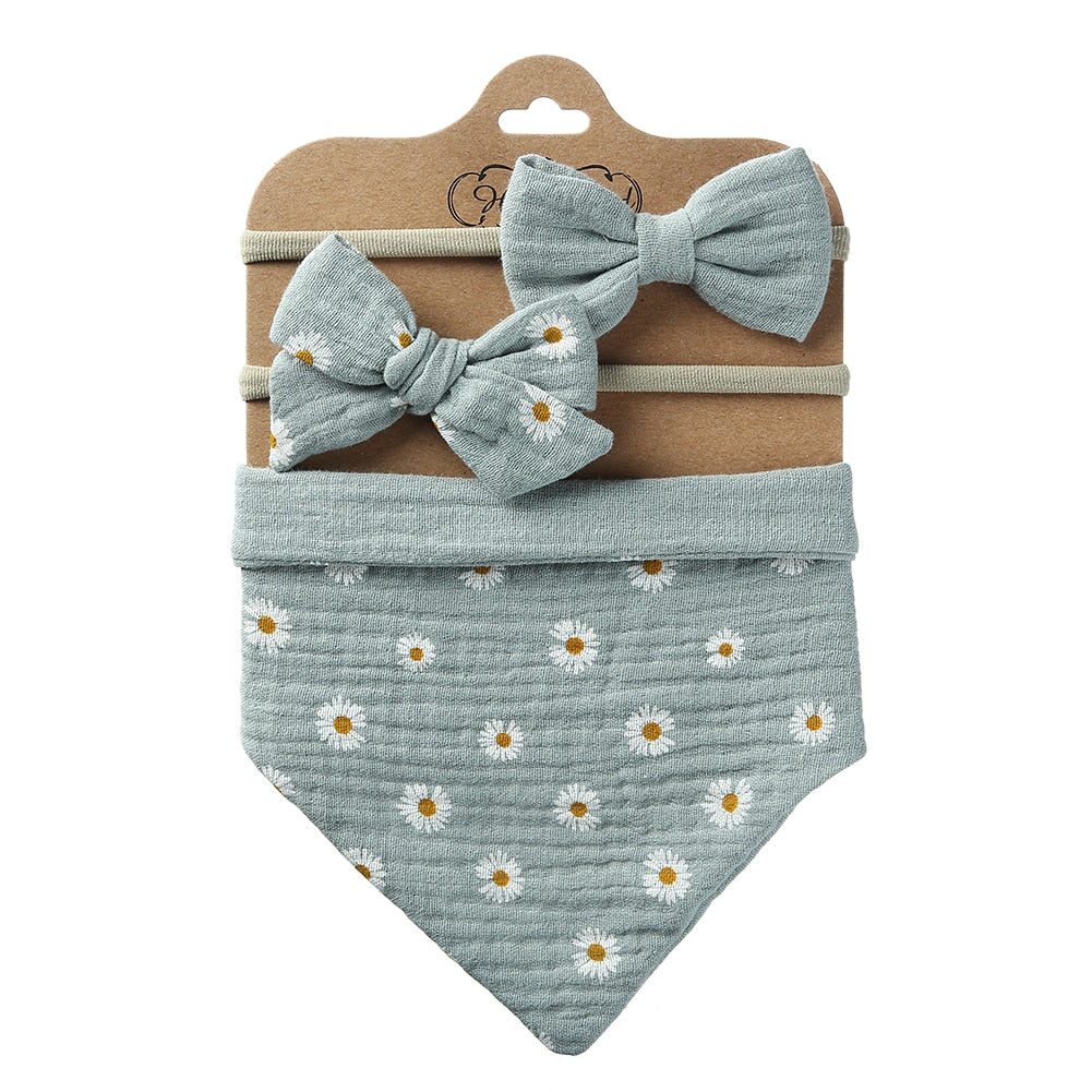 3Pcs/Set Muslin Cotton Triangle Bib & Bow Headband