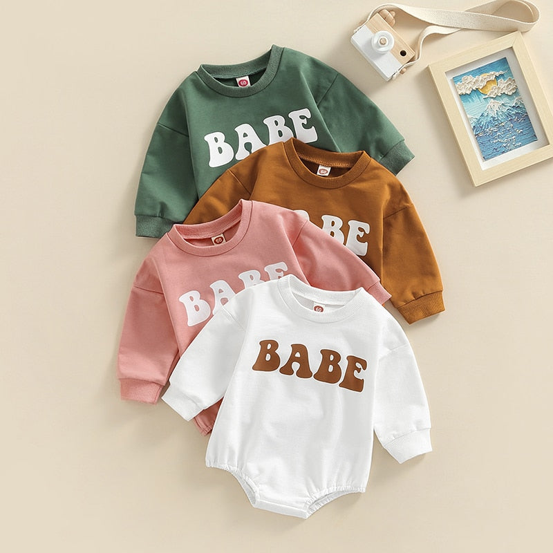 Green, brown, pink and white BABE print baby rompers