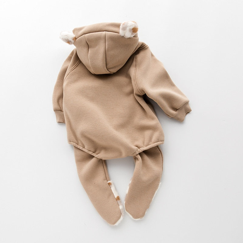 Back view of brown bear ears hooded baby bodysuit