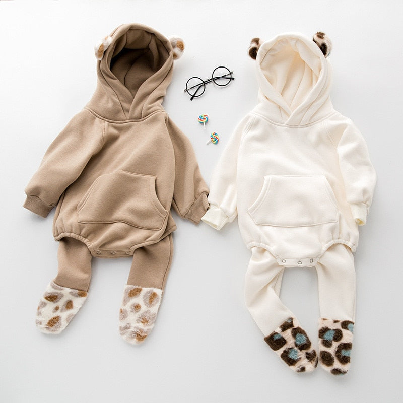 Brown and white baby bear ears hooded bodysuits with leggings