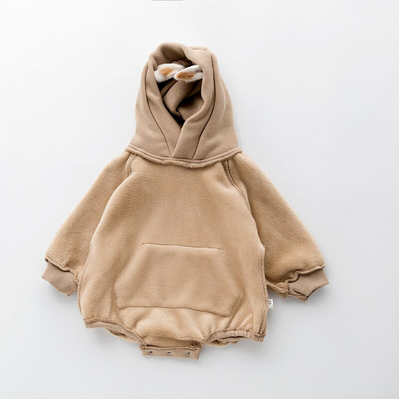 Brown hooded baby bodysuit with bear ears and kangaroo pocket
