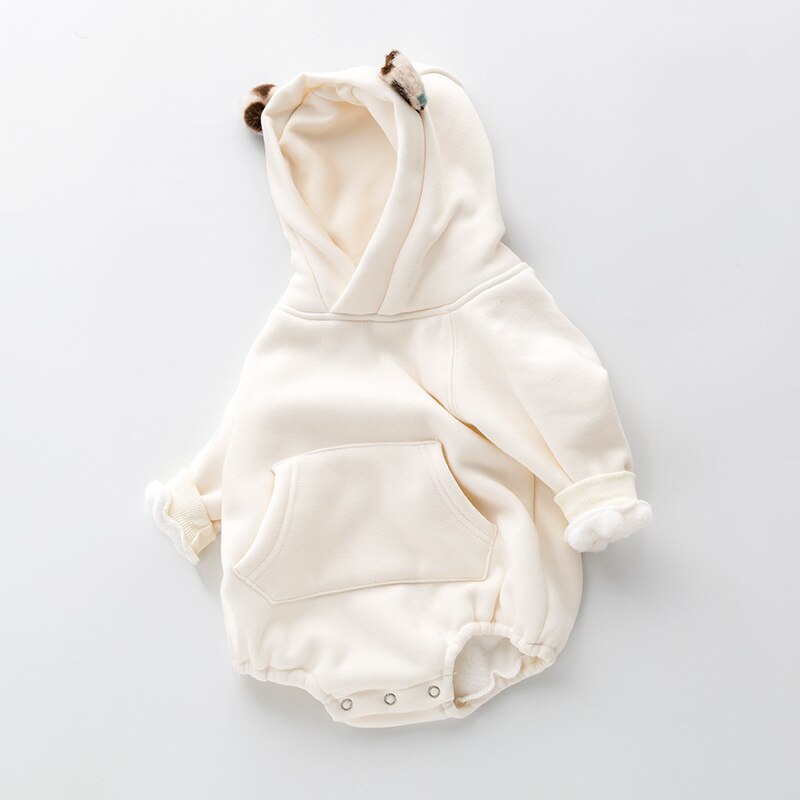 White hooded baby bodysuit with plush bear ears