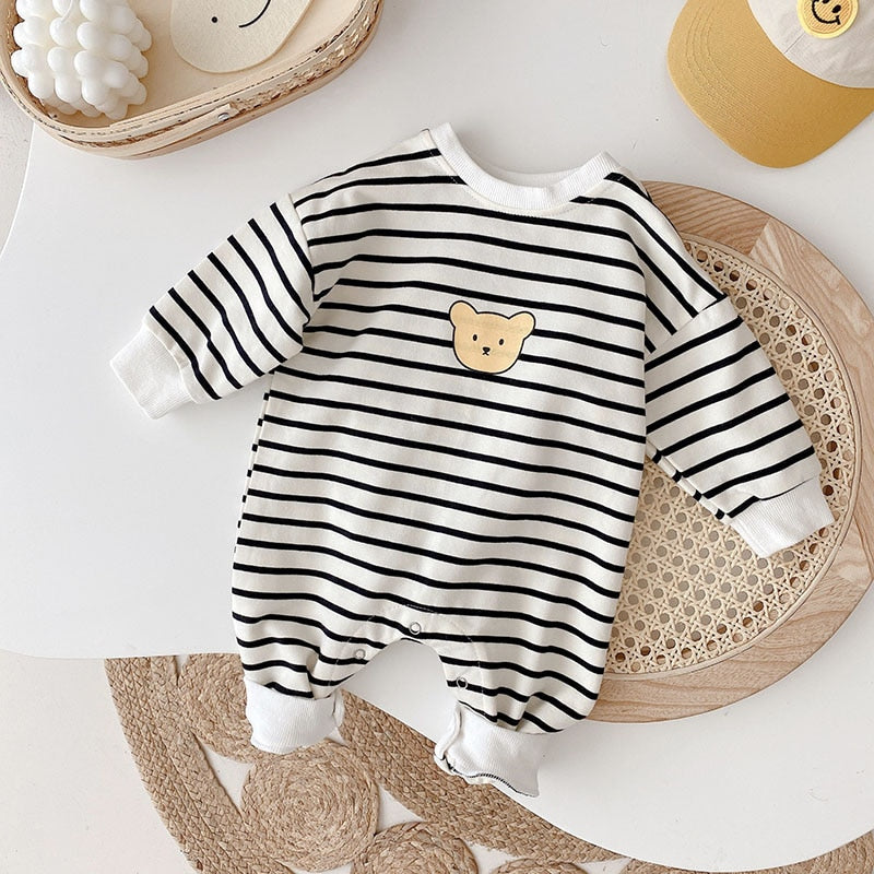 Black and white striped long sleeve baby jumpsuit with bear