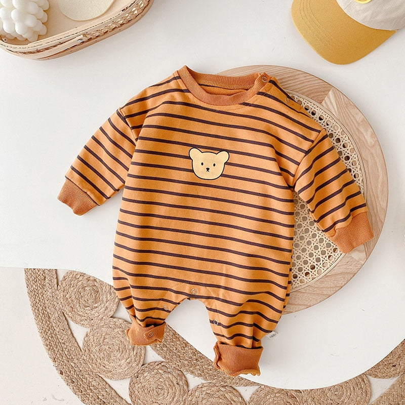 Orange striped long sleeve baby jumpsuit with bear