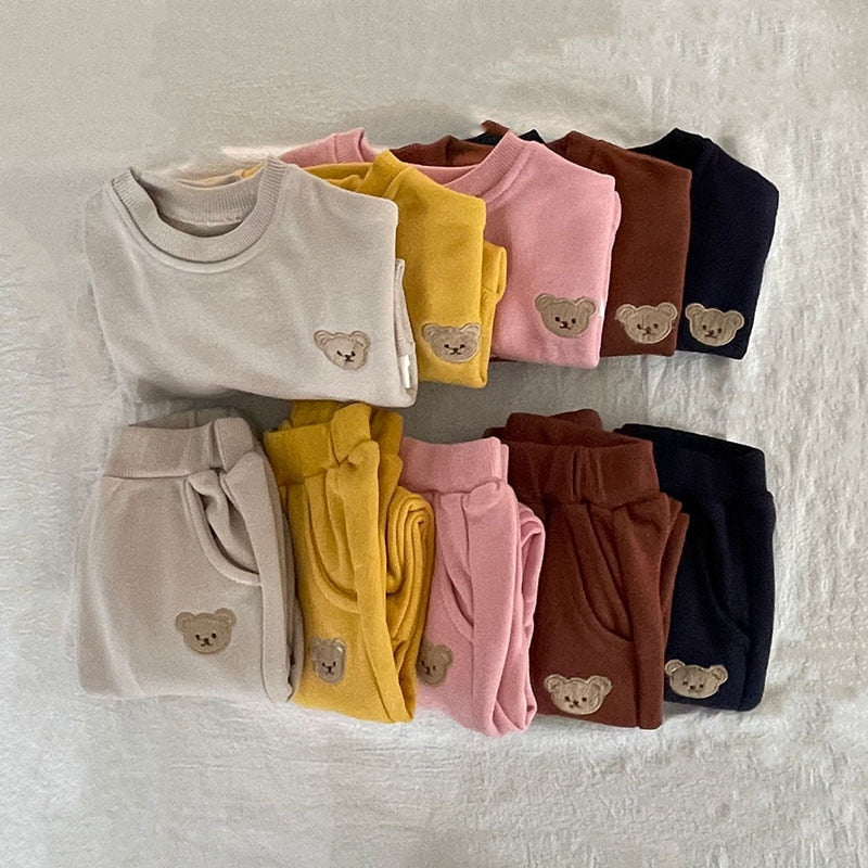 Baby bear patch sweatshirt and jogger sets in all colours