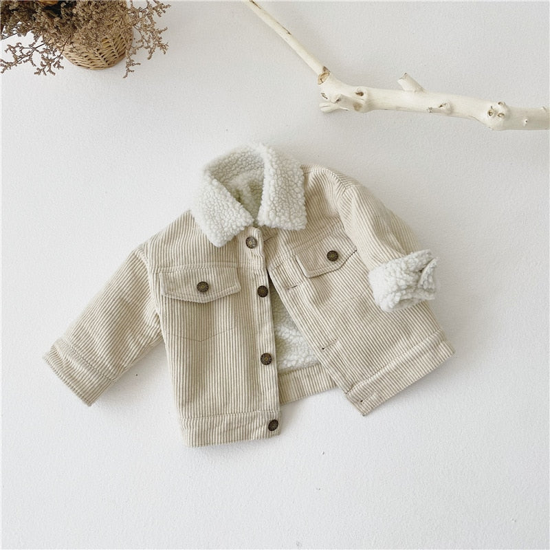 White baby corduroy jacket with sherpa collar