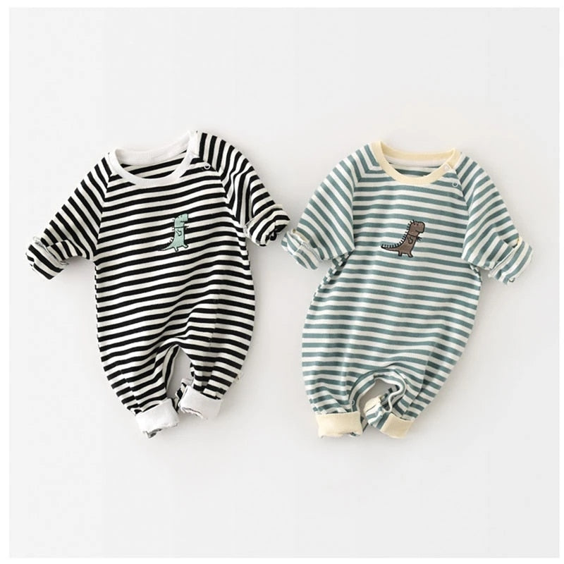 Black and green striped baby rompers with dinosaur appliqué