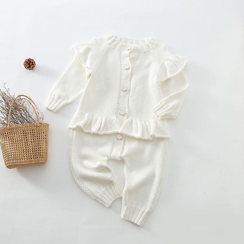 White knitted ruffle baby jumpsuit