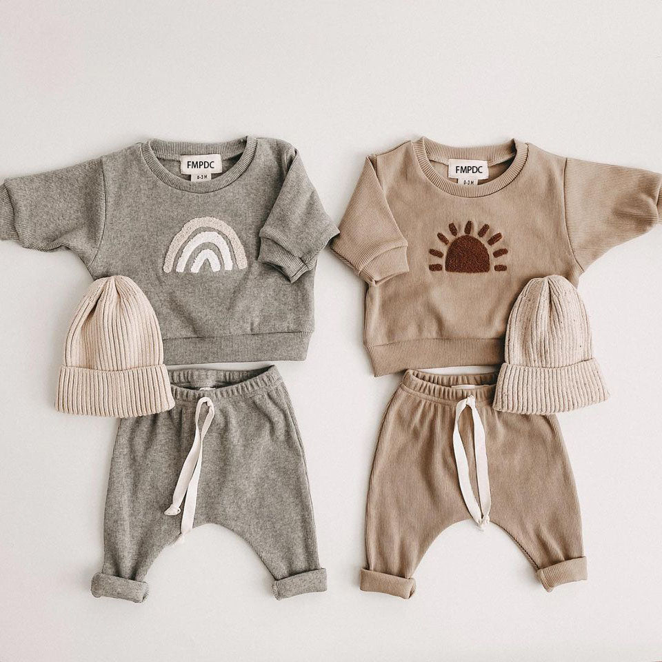 Grey rainbow and khaki sun baby tracksuit sets with beanies