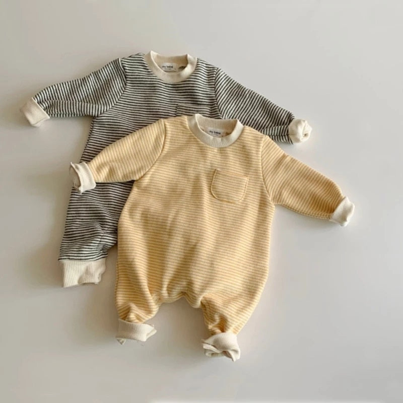 Black and yellow fine stripe long sleeve baby rompers