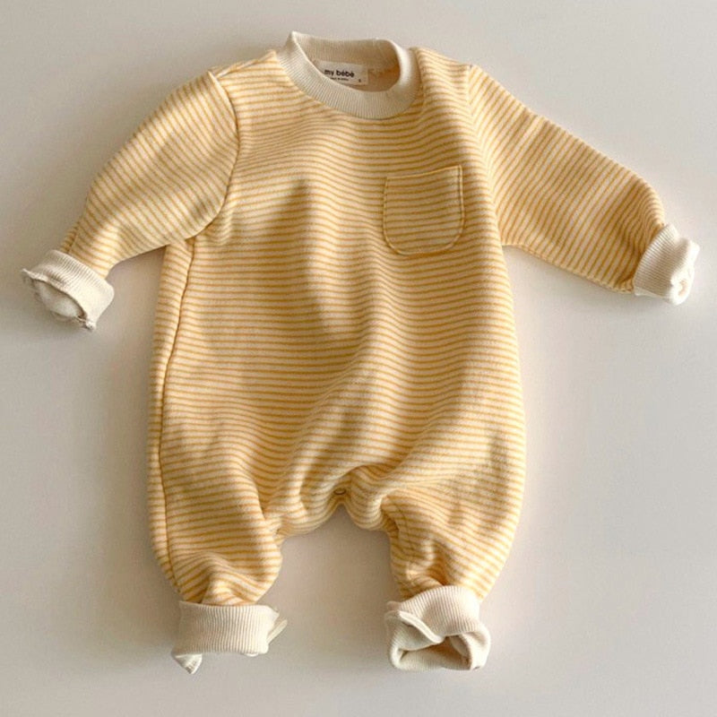 Yellow fine stripe long sleeve baby romper with pocket