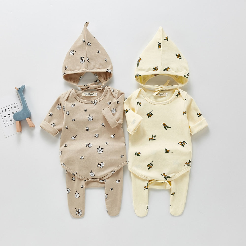 Baby three-piece romper, pants and hat sets in two colours