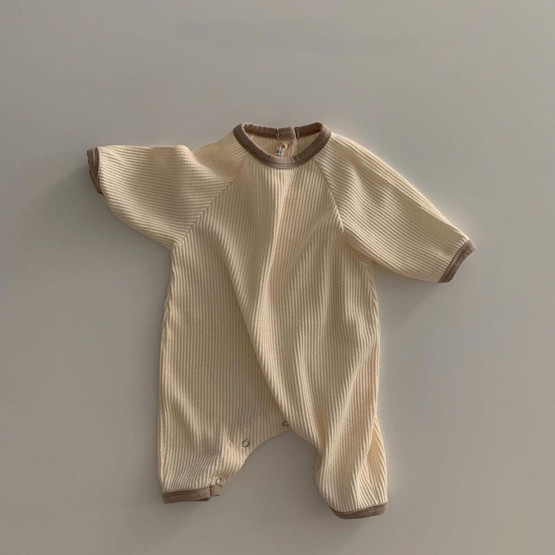 Beige waffle knit long sleeve baby romper