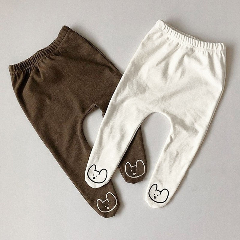 Brown and white bear face footed baby leggings
