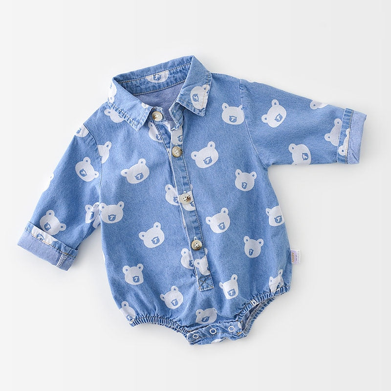 Bear print denim collared baby bodysuit