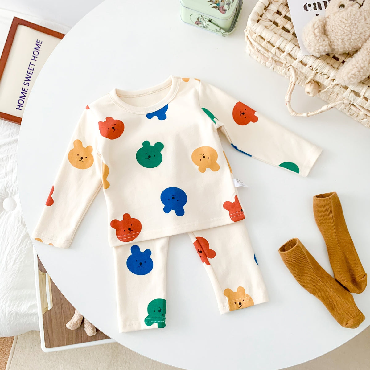 Colourful bear print pajama set with socks