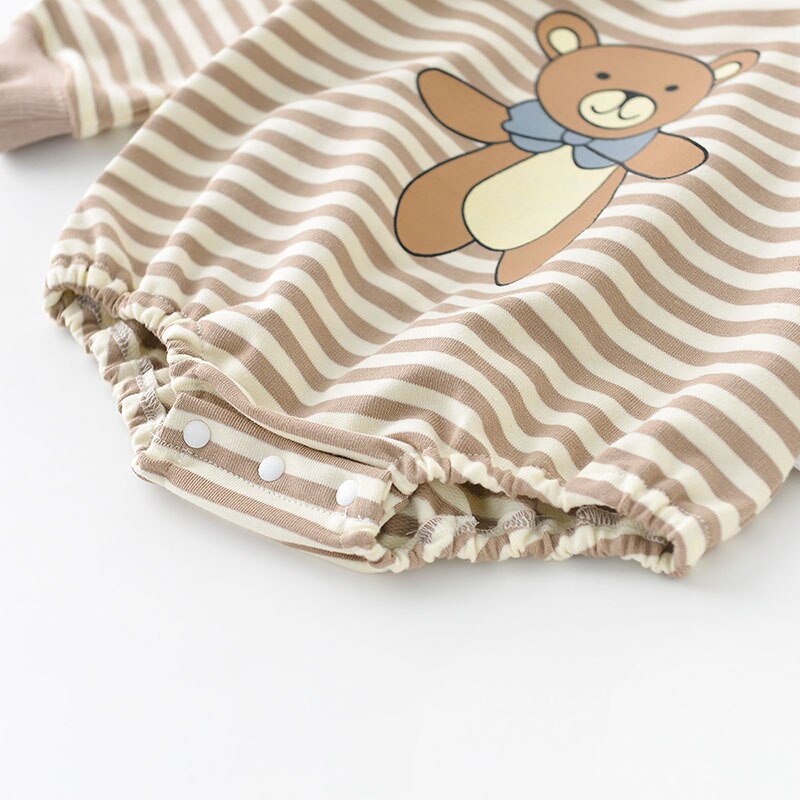 Back of striped romper with bear print