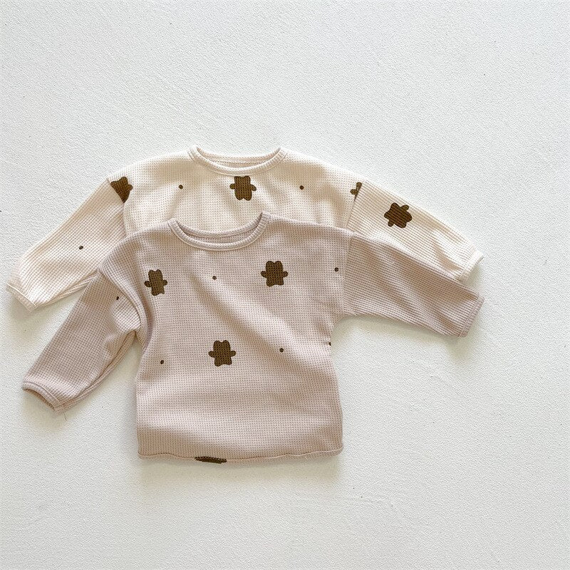 White and khaki bear print waffle tops