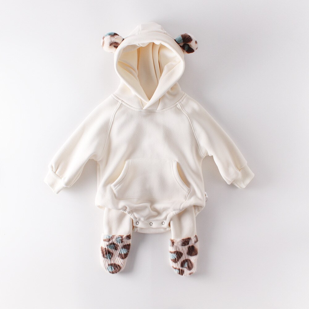 Beige bear ears hoodie bodysuit with footed leggings