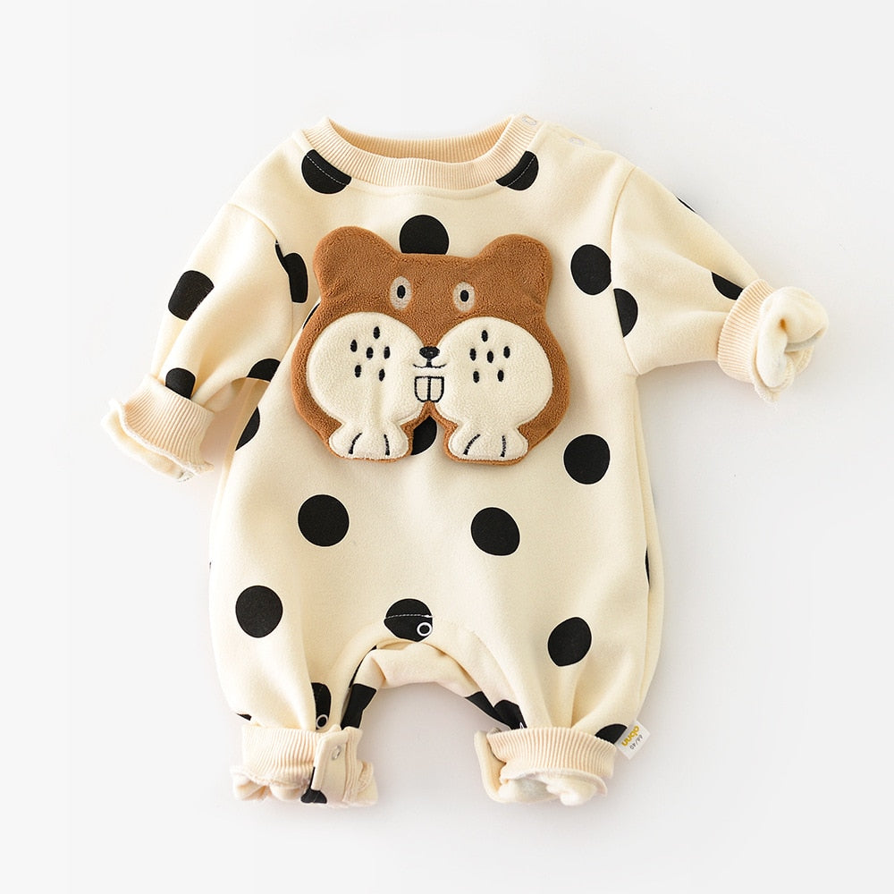 Beige bear polka dot romper on white background