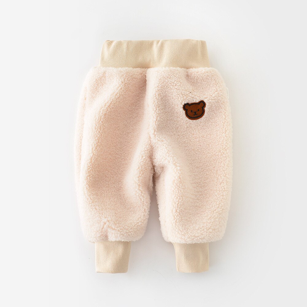Beige fluffy fleece pants with bear patch