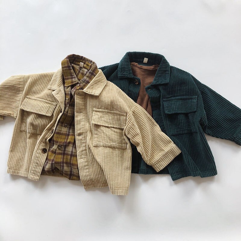 Beige and green corduroy jackets with plaid shirt