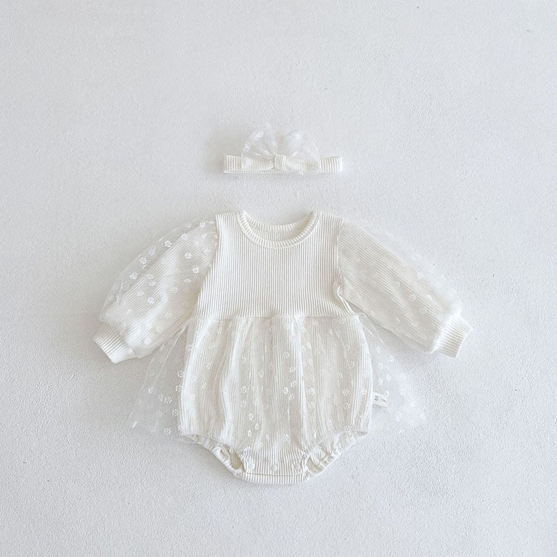 Beige lace overlay romper with headband