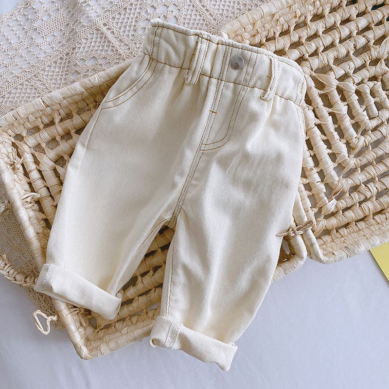Beige paperbag high-waist denim pants