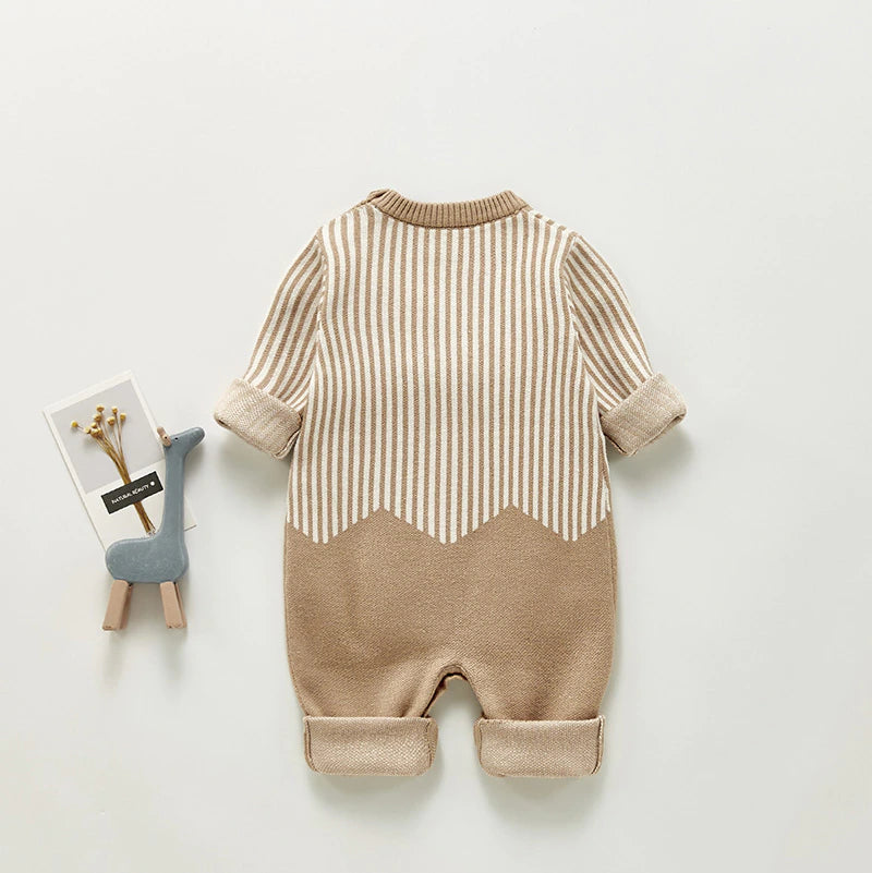 Beige stripe and chevron knit baby jumpsuit