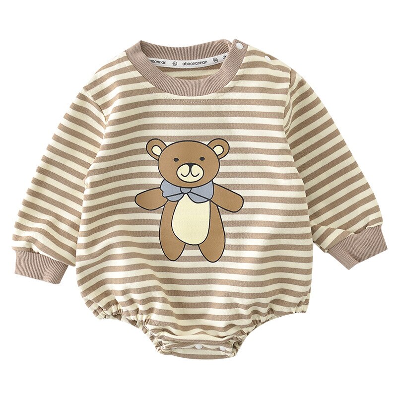 Beige striped teddy bear baby romper