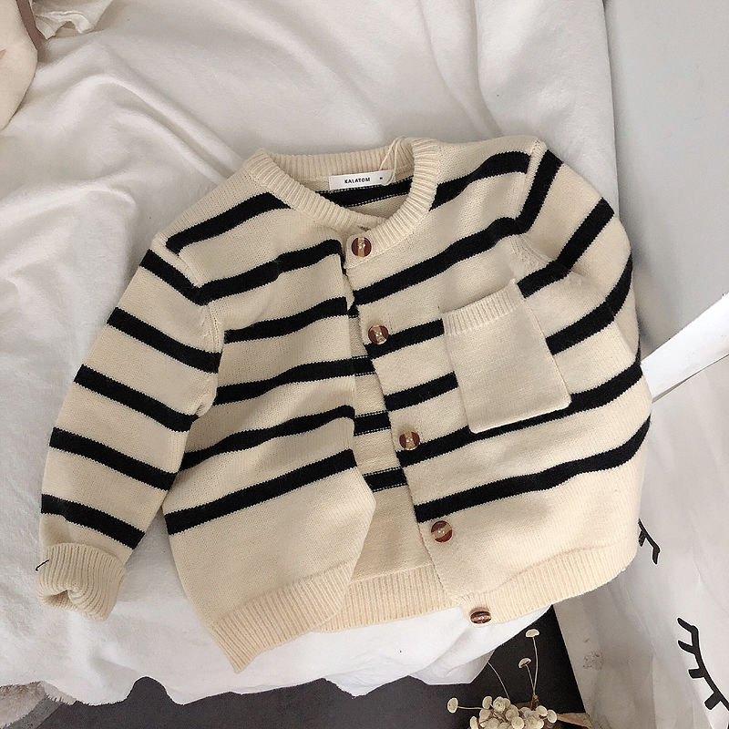 Beige and black striped knit cardigan
