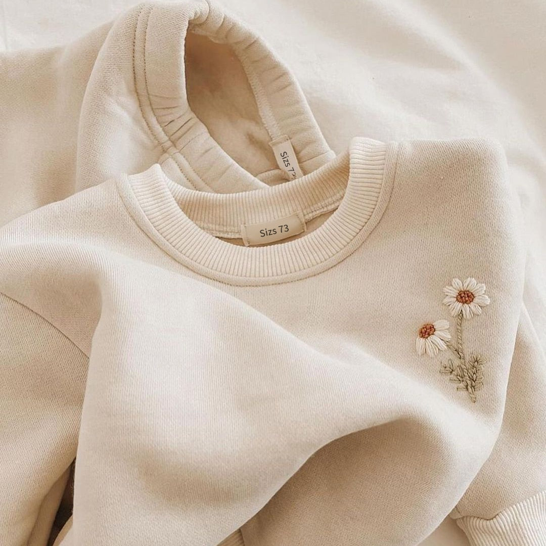 Close-up of beige sweatshirt neckline