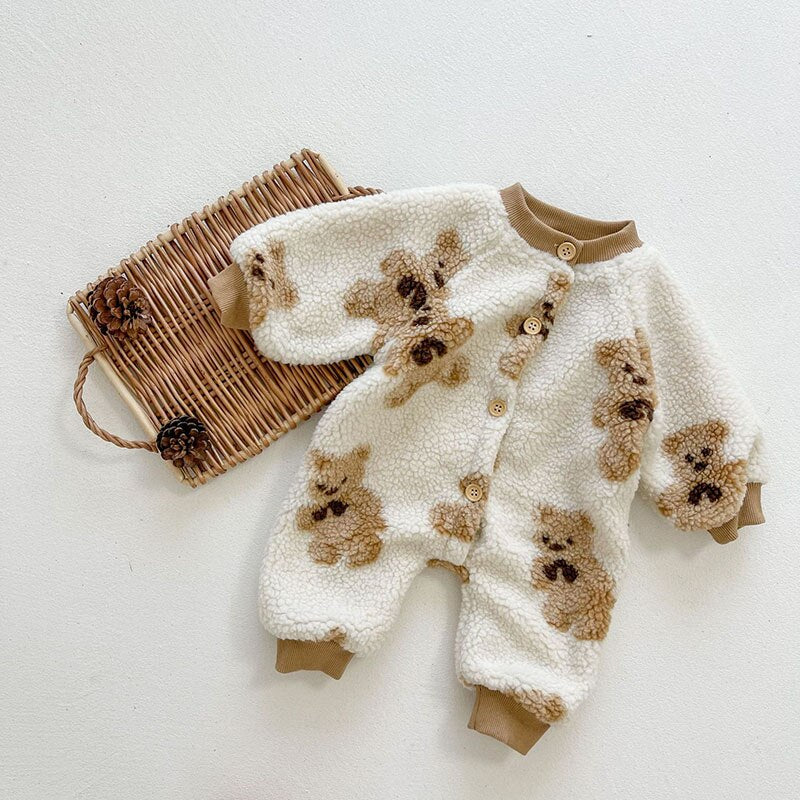 Beige teddy bear sherpa romper with basket
