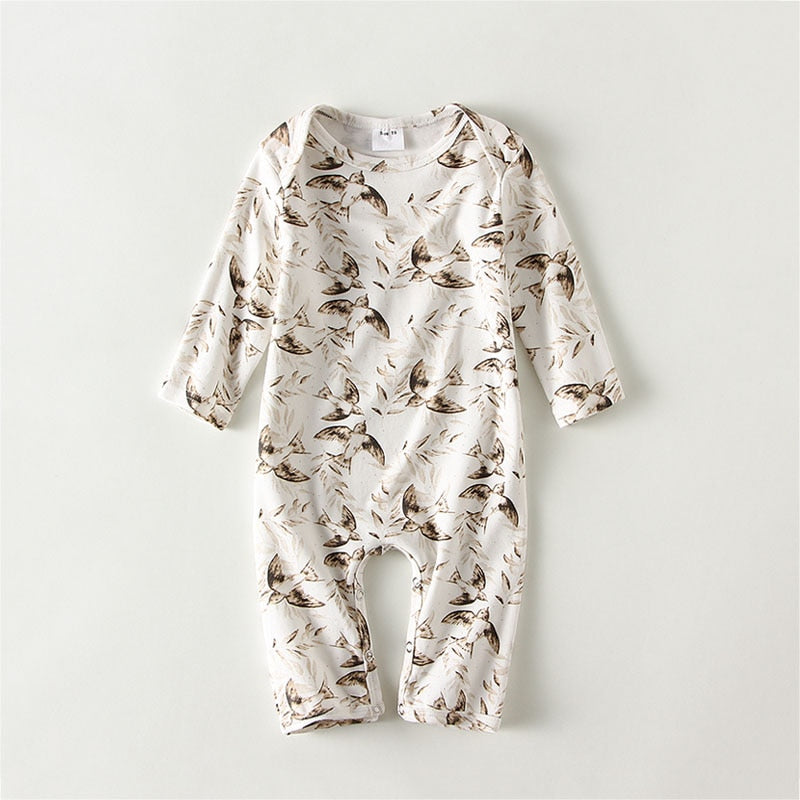 Cream bird print long sleeve baby romper