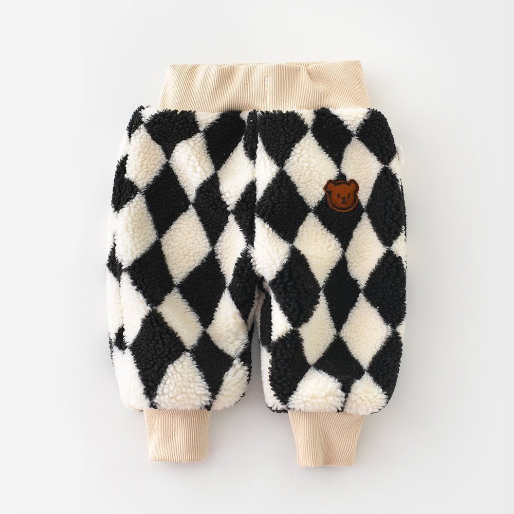 Black and white argyle fluffy fleece pants