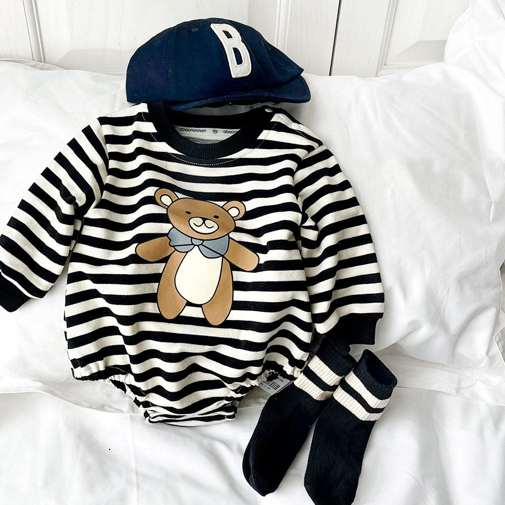 Black striped bear romper with cap and socks