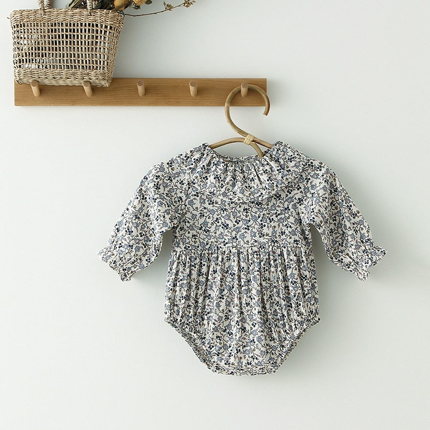 Blue floral long sleeve ruffle collar baby romper