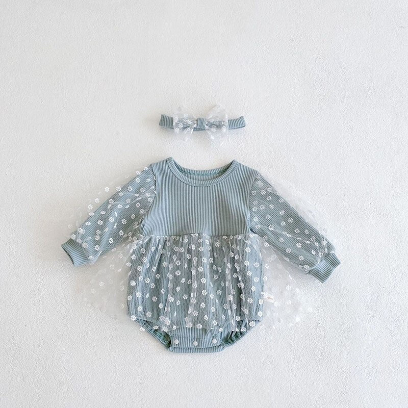 Blue lace overlay romper with headband